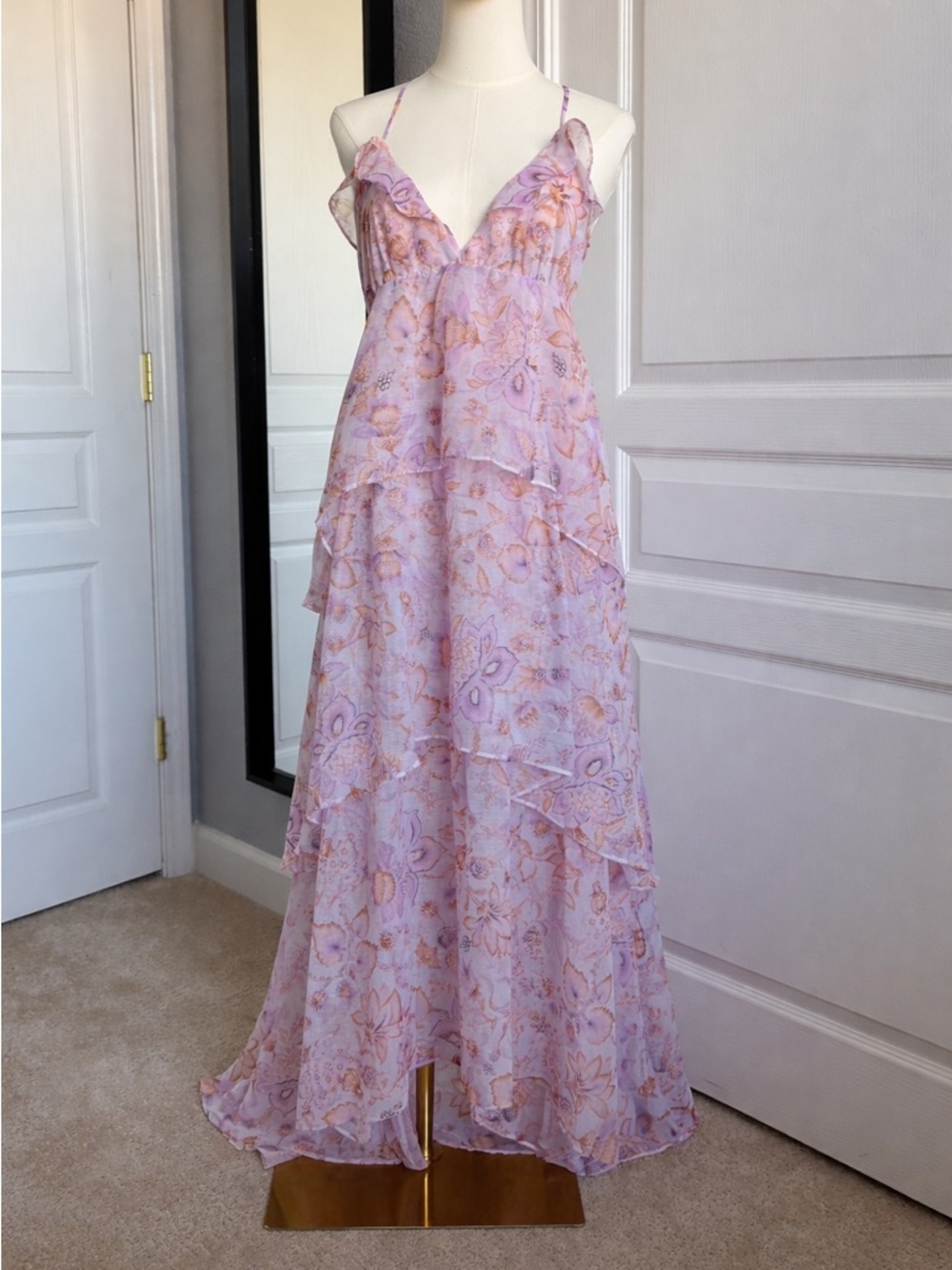 Victoria’s Secret Floral Maxi Dress M Pink Tiered Chiffon Boho Strappy - Picture 4 of 11